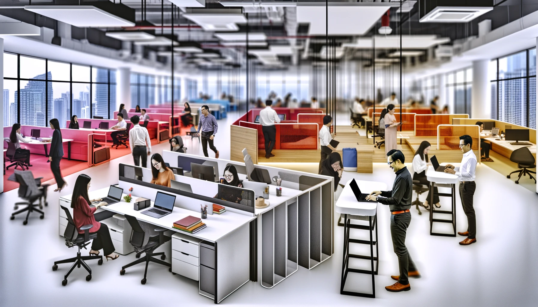 A-bustling-corporate-office-scene-in-Malaysia-emphasizing-the-concept-of-flexible-work-arrangements.-The-image-depicts-several-professionals-working